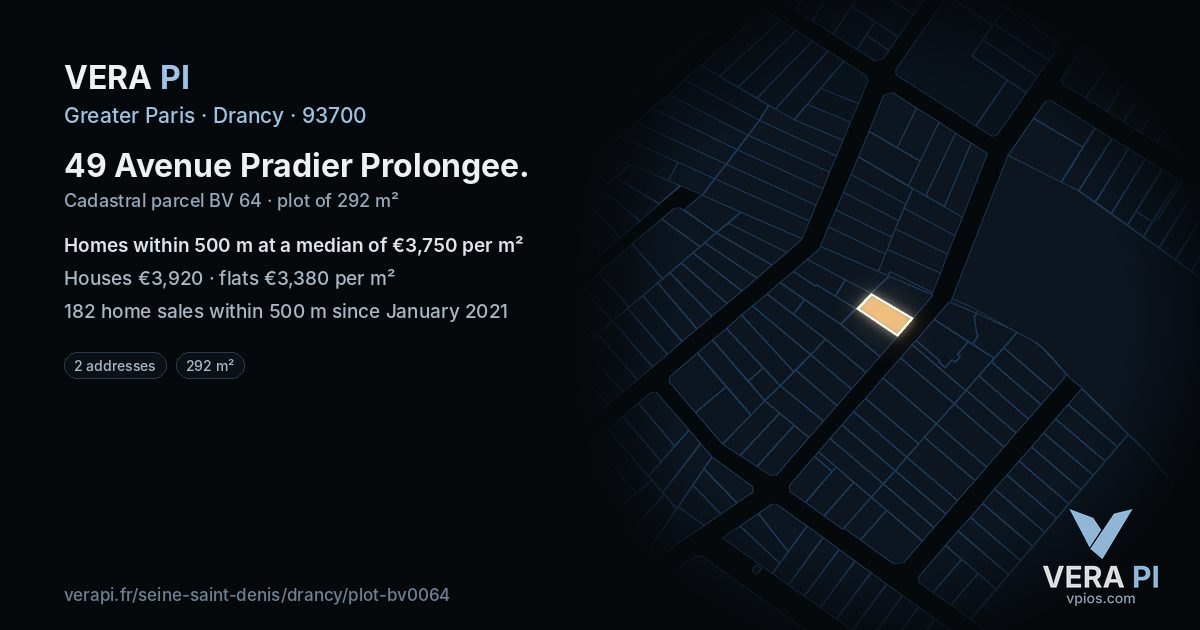 49 Avenue Pradier Prolongee, Drancy at night – the plot lit, the parcels around coloured by the prices near them