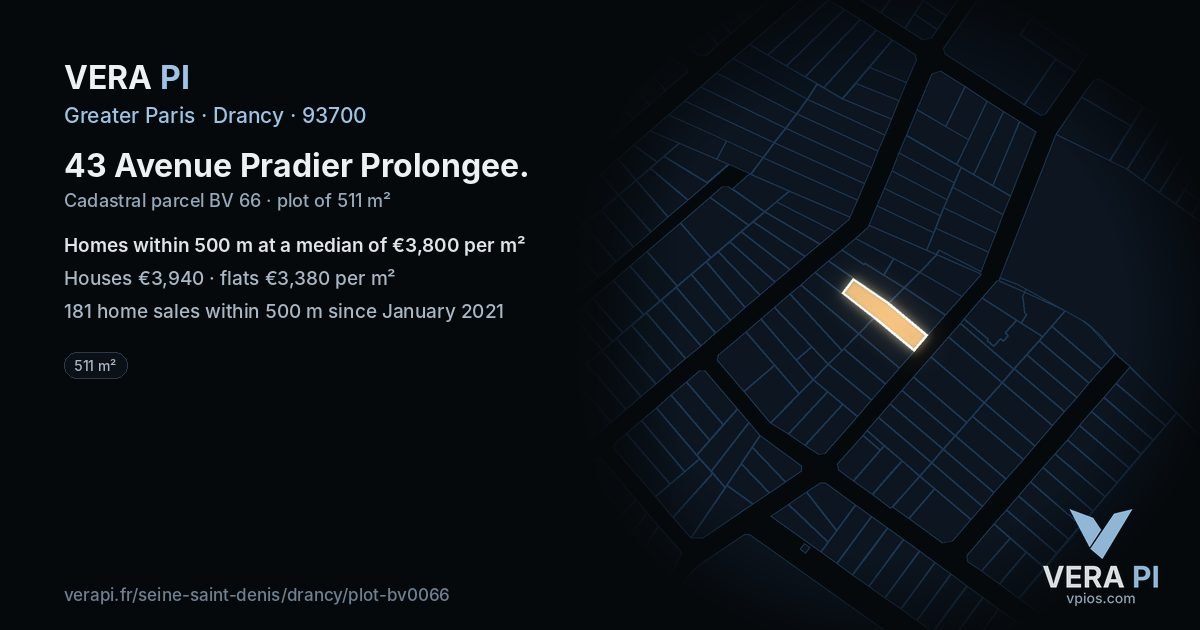 43 Avenue Pradier Prolongee, Drancy at night – the plot lit, the parcels around coloured by the prices near them