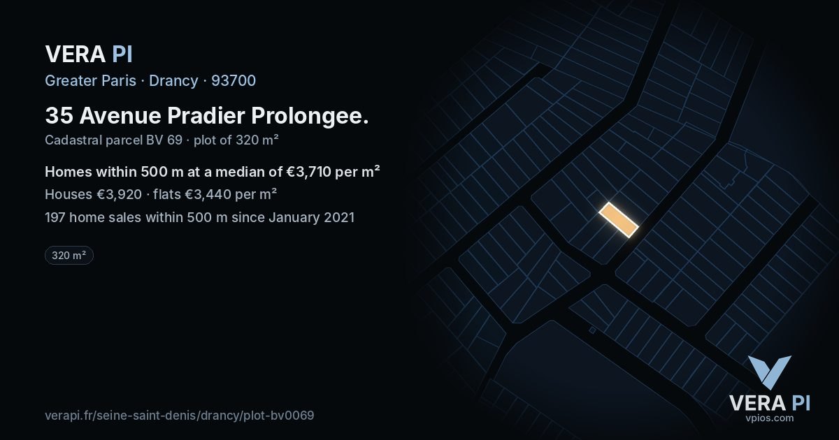 35 Avenue Pradier Prolongee, Drancy at night – the plot lit, the parcels around coloured by the prices near them