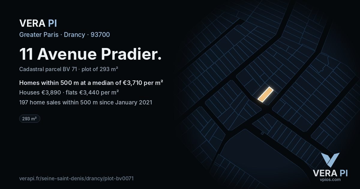11 Avenue Pradier, Drancy at night – the plot lit, the parcels around coloured by the prices near them