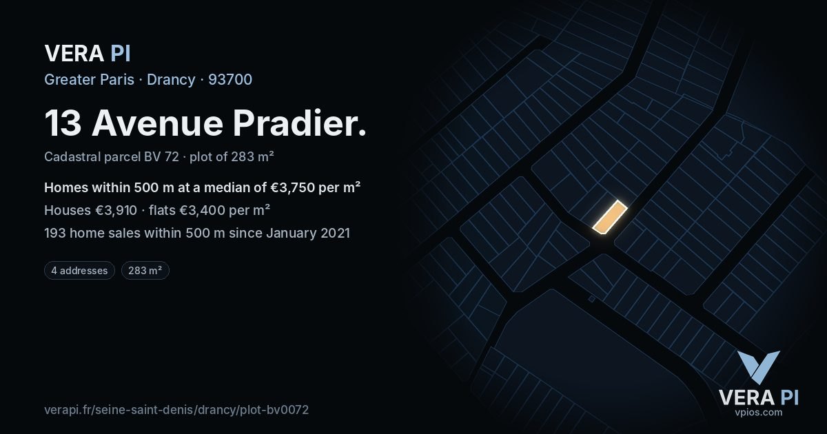 13 Avenue Pradier, Drancy at night – the plot lit, the parcels around coloured by the prices near them