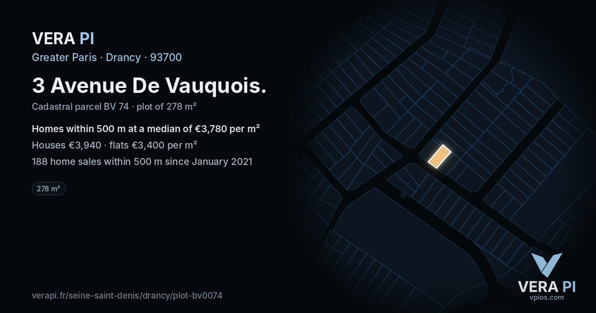 3 Avenue De Vauquois, Drancy at night – the plot lit, the parcels around coloured by the prices near them