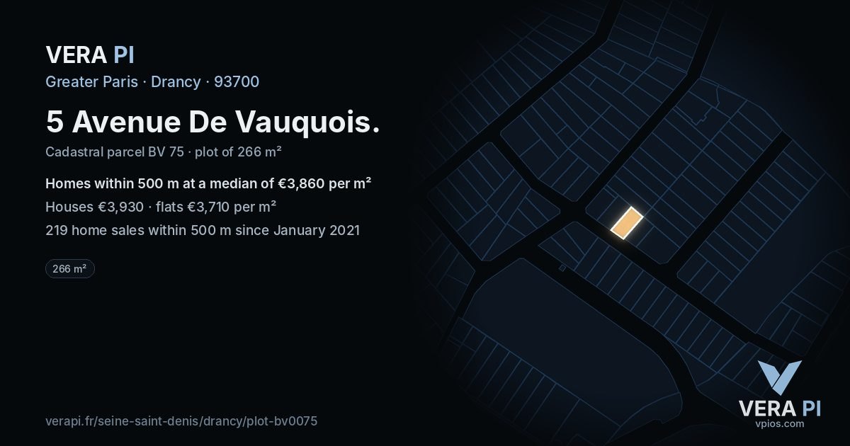 5 Avenue De Vauquois, Drancy at night – the plot lit, the parcels around coloured by the prices near them