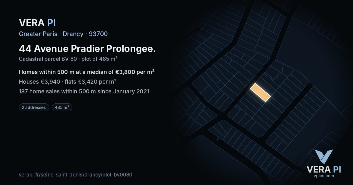 44 Avenue Pradier Prolongee, Drancy at night – the plot lit, the parcels around coloured by the prices near them