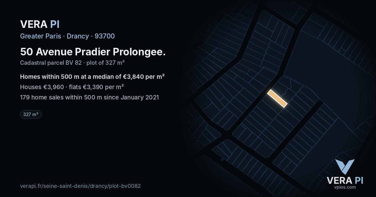 50 Avenue Pradier Prolongee, Drancy at night – the plot lit, the parcels around coloured by the prices near them