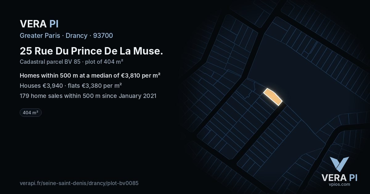 25 Rue Du Prince De La Muse, Drancy at night – the plot lit, the parcels around coloured by the prices near them