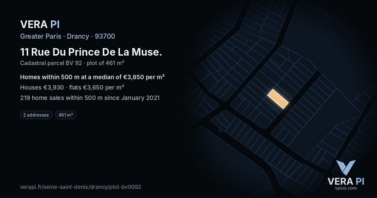 11 Rue Du Prince De La Muse, Drancy at night – the plot lit, the parcels around coloured by the prices near them