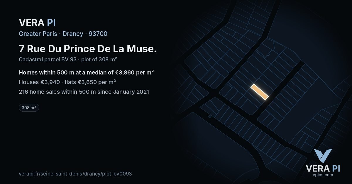 7 Rue Du Prince De La Muse, Drancy at night – the plot lit, the parcels around coloured by the prices near them