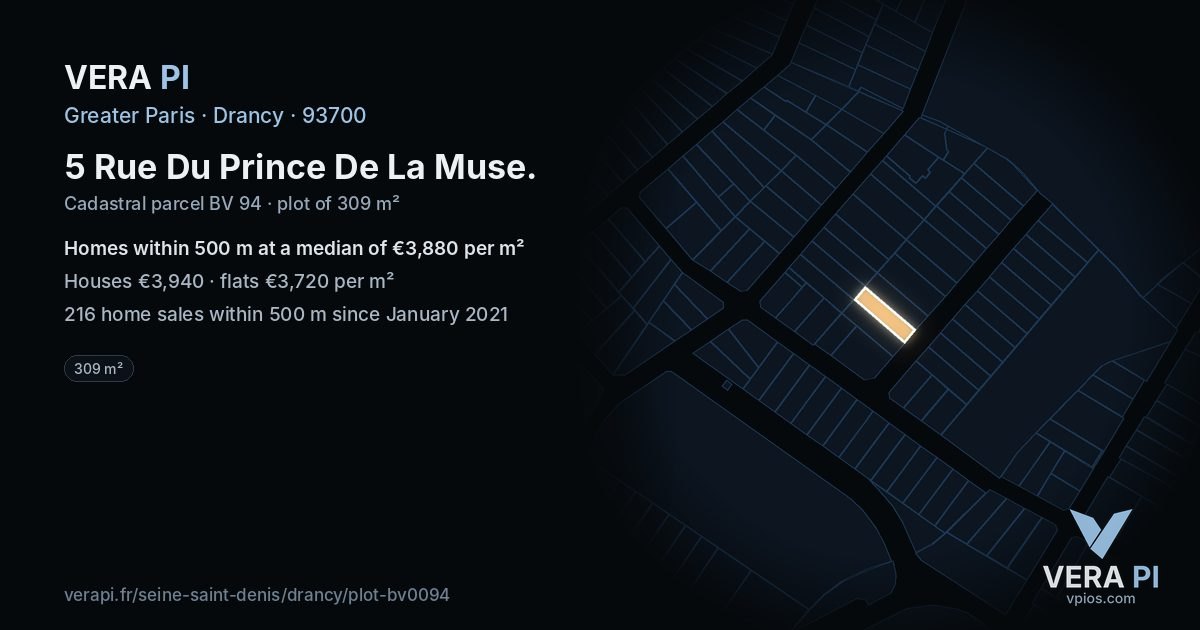 5 Rue Du Prince De La Muse, Drancy at night – the plot lit, the parcels around coloured by the prices near them