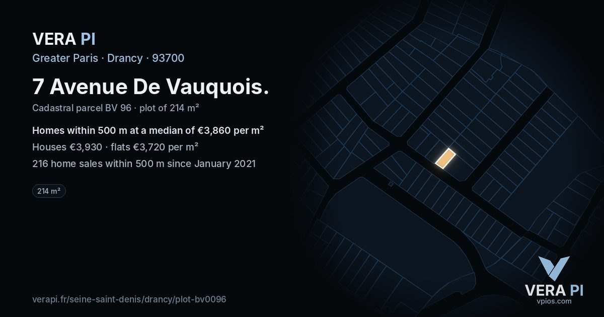 7 Avenue De Vauquois, Drancy at night – the plot lit, the parcels around coloured by the prices near them
