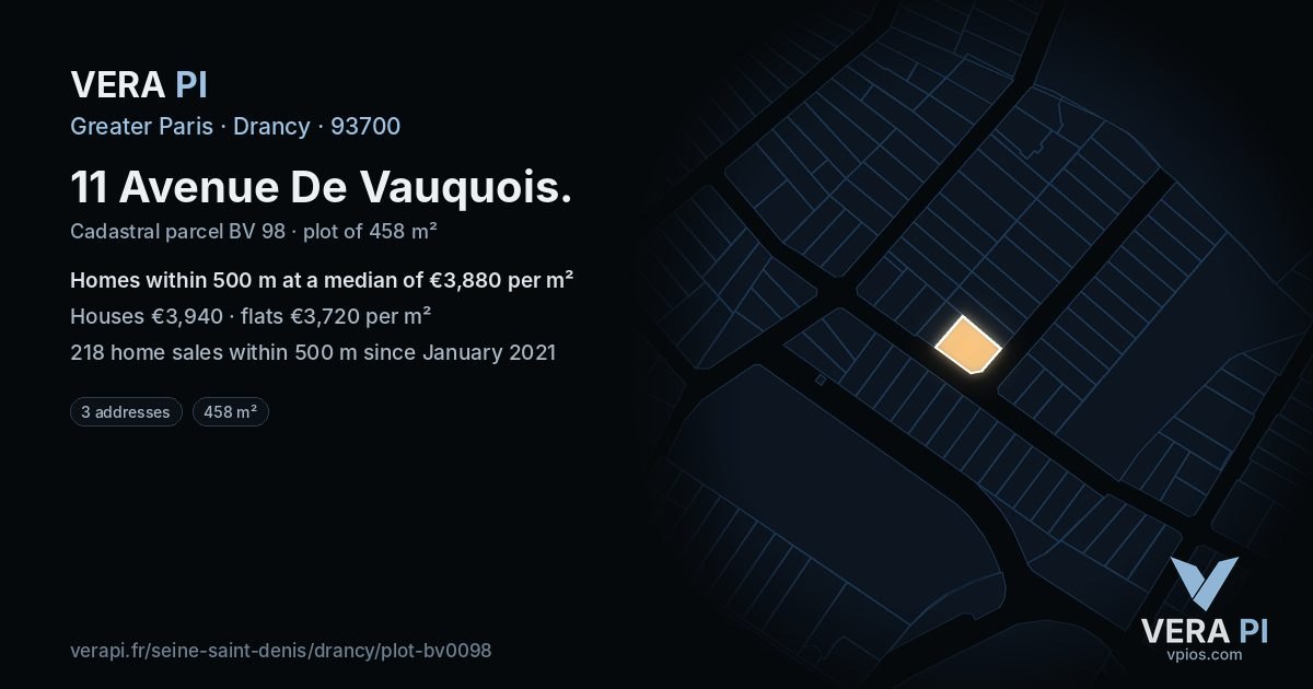 11 Avenue De Vauquois, Drancy at night – the plot lit, the parcels around coloured by the prices near them
