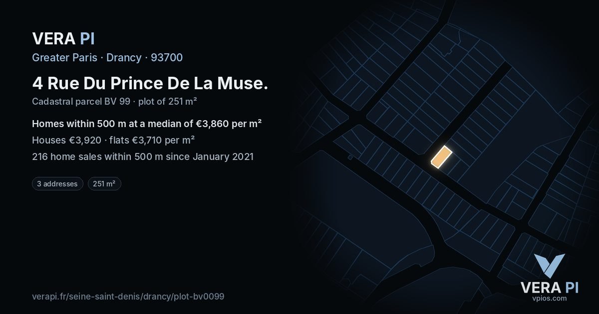 4 Rue Du Prince De La Muse, Drancy at night – the plot lit, the parcels around coloured by the prices near them