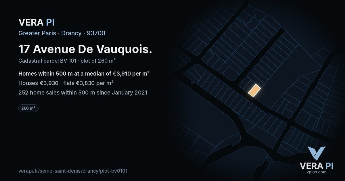 17 Avenue De Vauquois, Drancy at night – the plot lit, the parcels around coloured by the prices near them