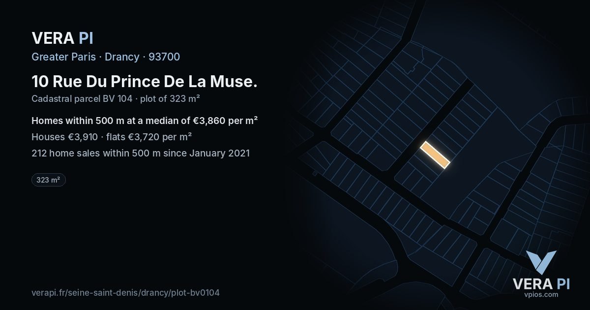 10 Rue Du Prince De La Muse, Drancy at night – the plot lit, the parcels around coloured by the prices near them