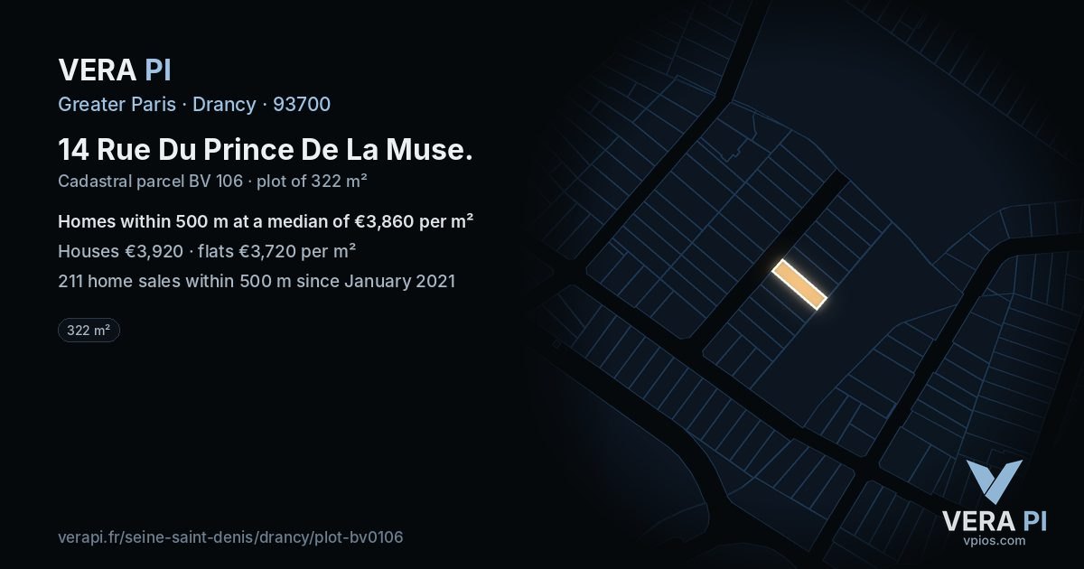 14 Rue Du Prince De La Muse, Drancy at night – the plot lit, the parcels around coloured by the prices near them