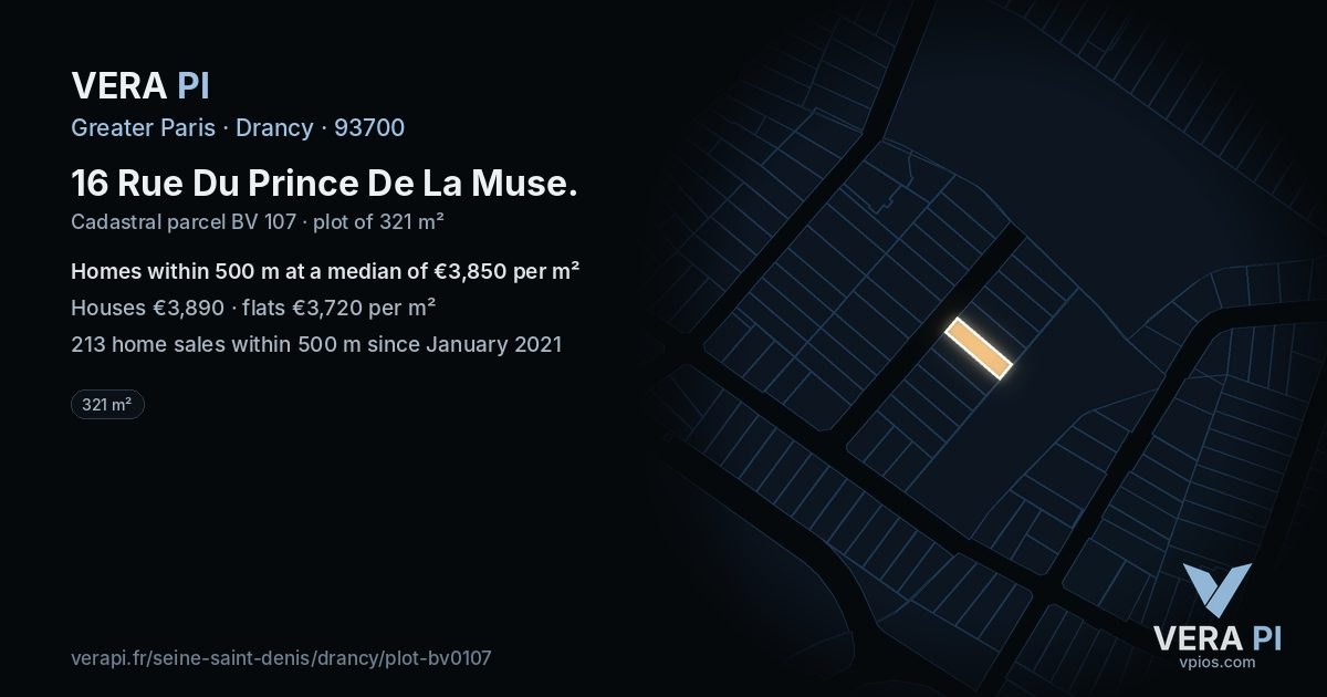 16 Rue Du Prince De La Muse, Drancy at night – the plot lit, the parcels around coloured by the prices near them