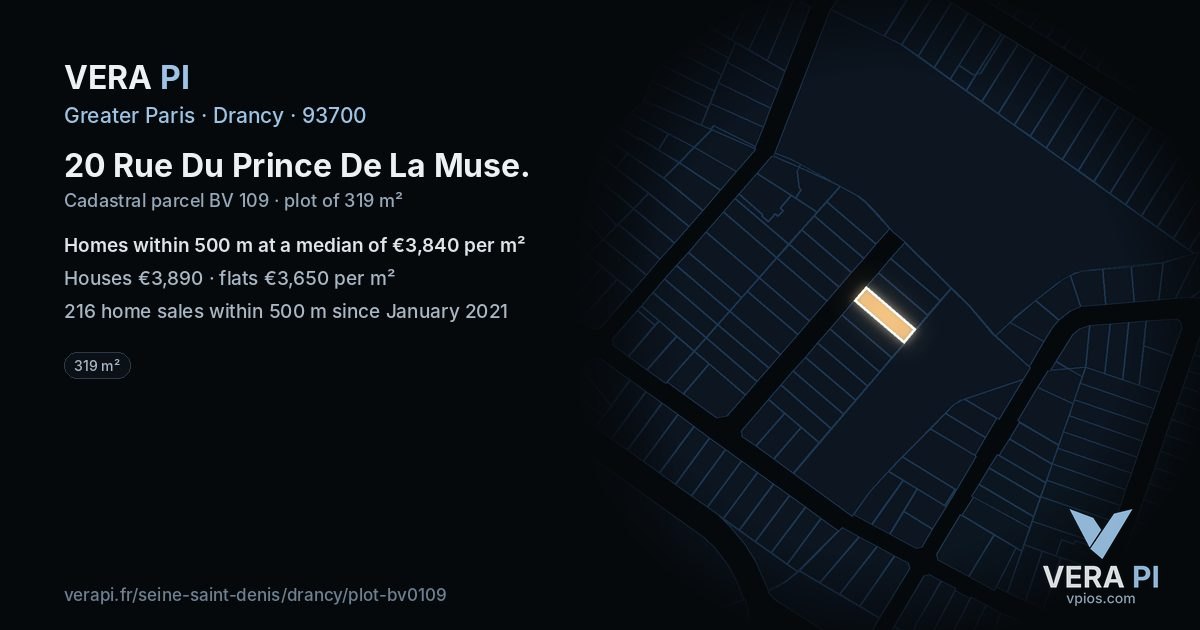 20 Rue Du Prince De La Muse, Drancy at night – the plot lit, the parcels around coloured by the prices near them