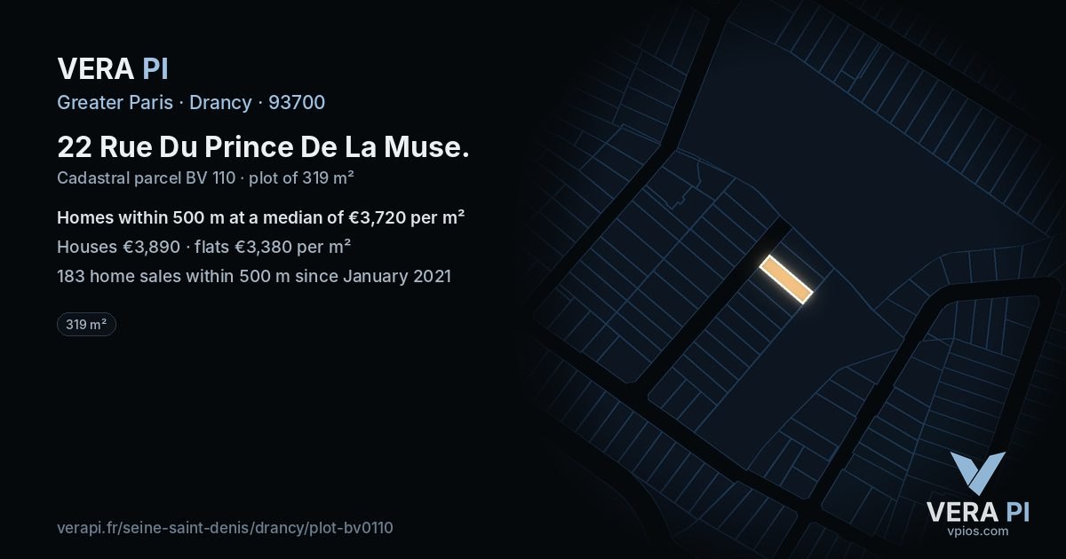 22 Rue Du Prince De La Muse, Drancy at night – the plot lit, the parcels around coloured by the prices near them