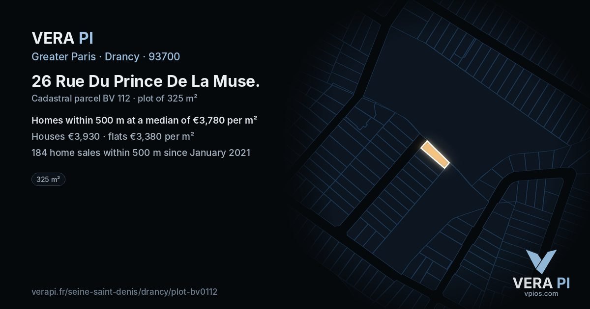 26 Rue Du Prince De La Muse, Drancy at night – the plot lit, the parcels around coloured by the prices near them