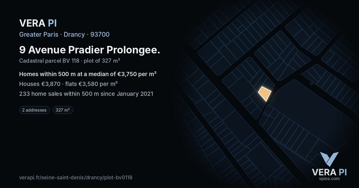 9 Avenue Pradier Prolongee, Drancy at night – the plot lit, the parcels around coloured by the prices near them