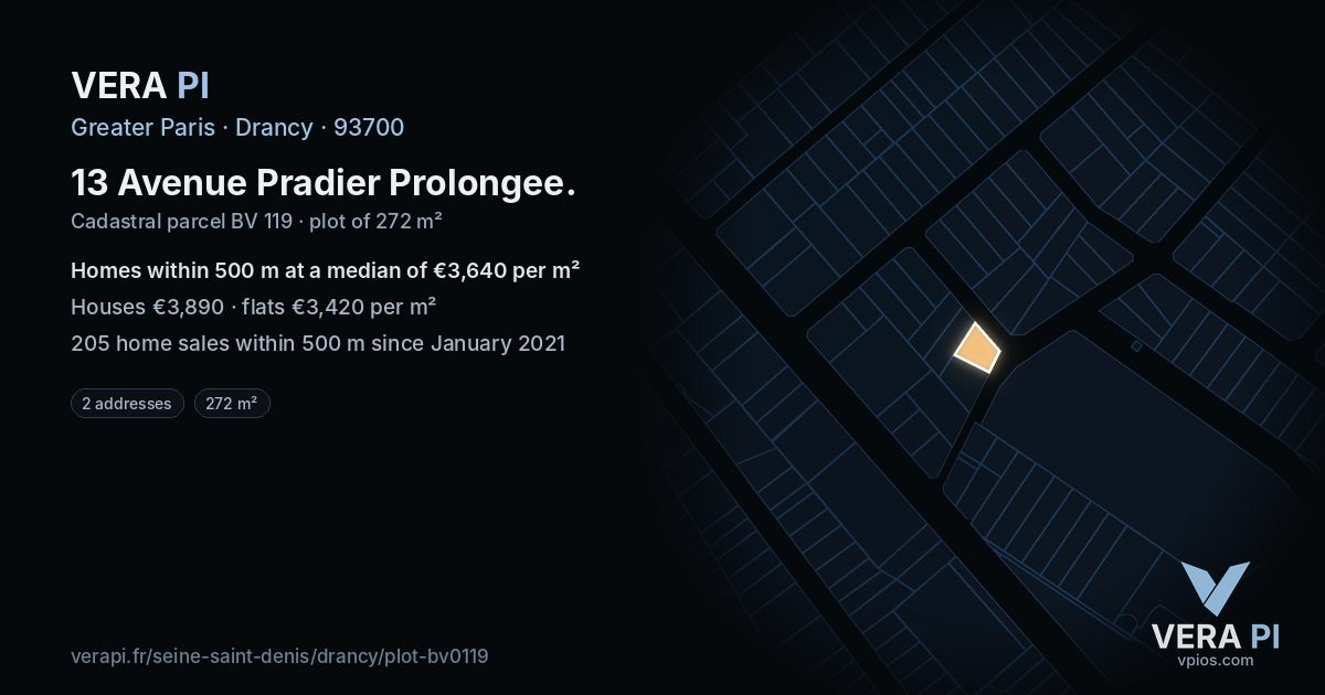 13 Avenue Pradier Prolongee, Drancy at night – the plot lit, the parcels around coloured by the prices near them