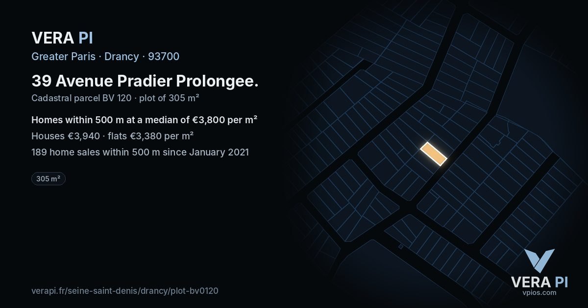39 Avenue Pradier Prolongee, Drancy at night – the plot lit, the parcels around coloured by the prices near them