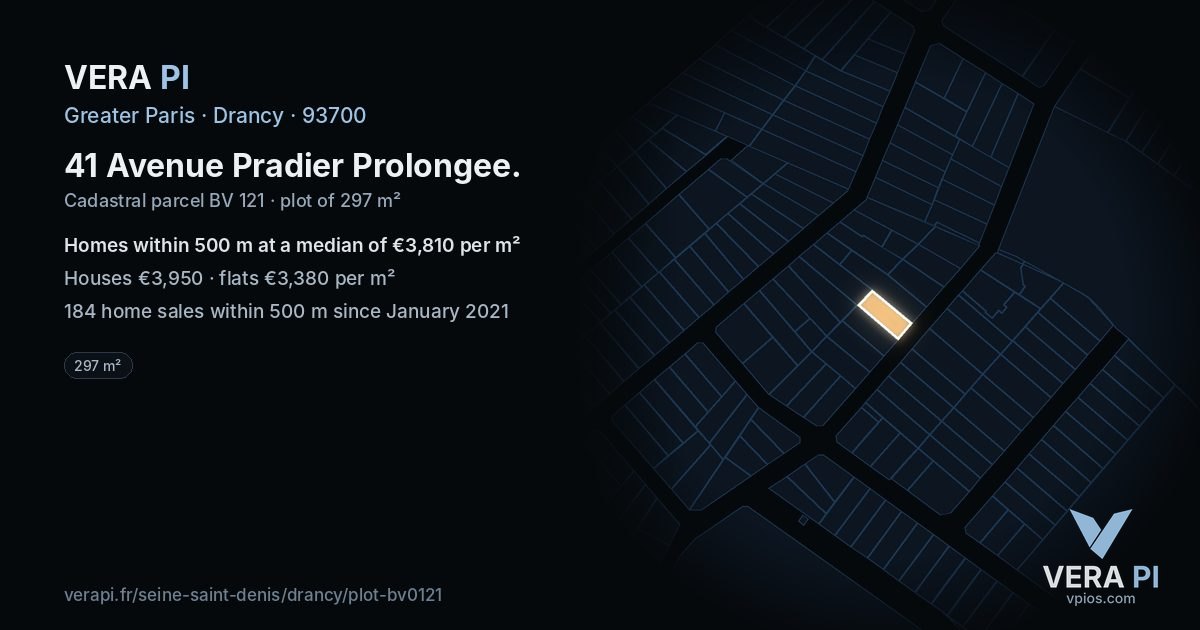 41 Avenue Pradier Prolongee, Drancy at night – the plot lit, the parcels around coloured by the prices near them