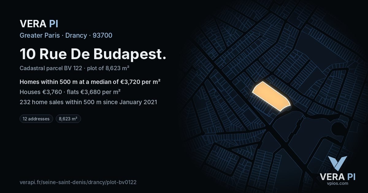 10 Rue De Budapest, Drancy at night – the plot lit, the parcels around coloured by the prices near them