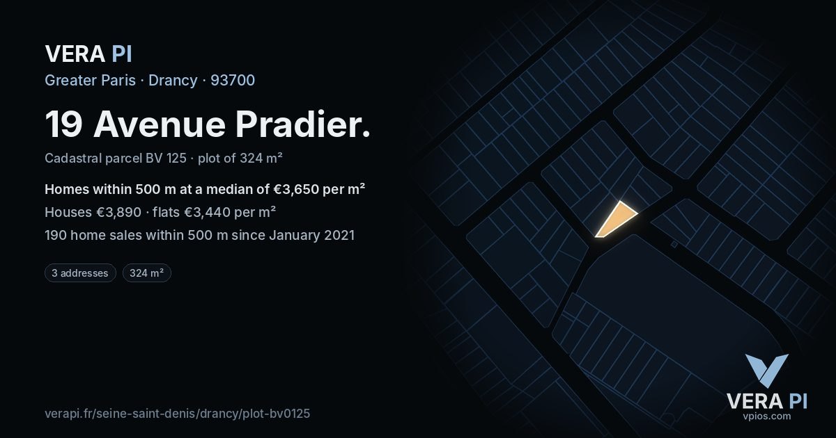 19 Avenue Pradier, Drancy at night – the plot lit, the parcels around coloured by the prices near them