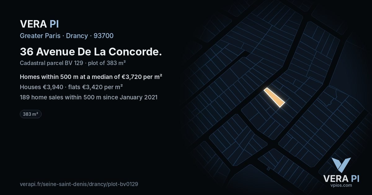 36 Avenue De La Concorde, Drancy at night – the plot lit, the parcels around coloured by the prices near them