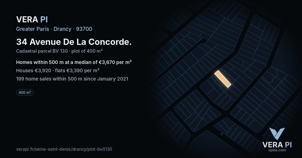 34 Avenue De La Concorde, Drancy at night – the plot lit, the parcels around coloured by the prices near them