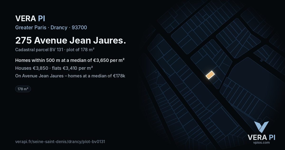 275 Avenue Jean Jaures, Drancy at night – the plot lit, the parcels around coloured by the prices near them