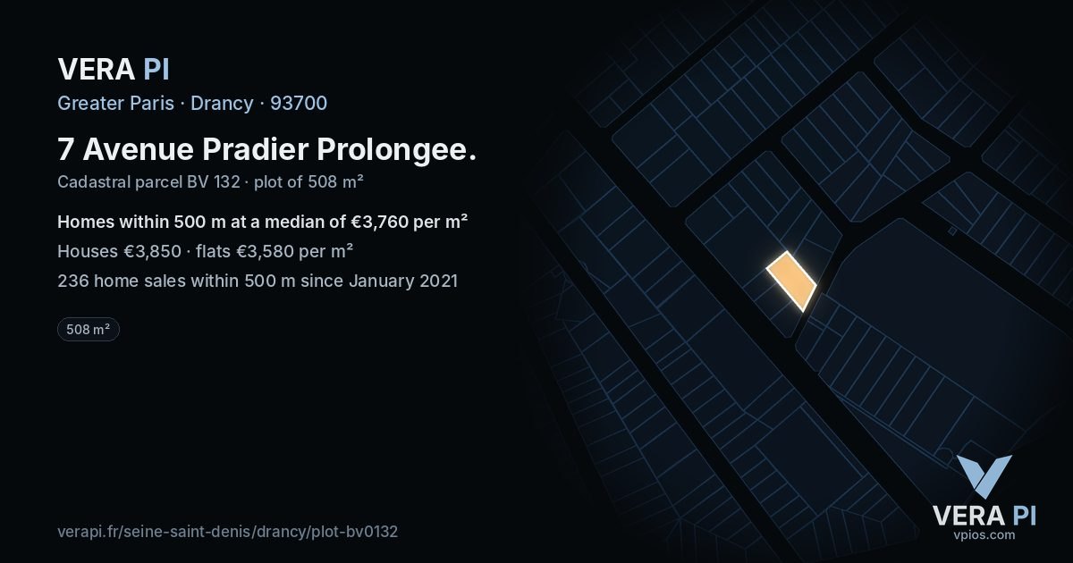 7 Avenue Pradier Prolongee, Drancy at night – the plot lit, the parcels around coloured by the prices near them