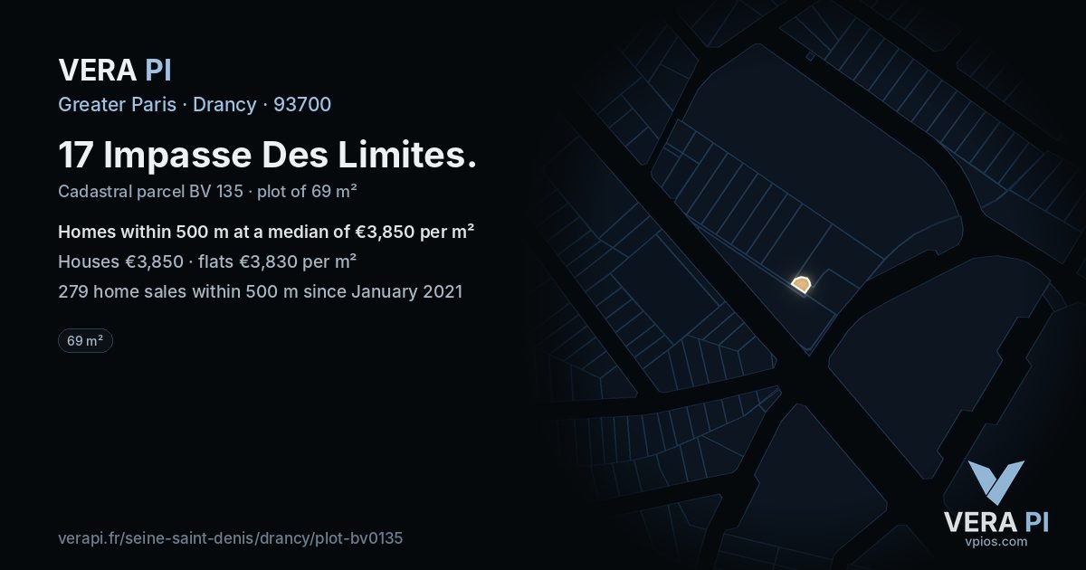 17 Impasse Des Limites, Drancy at night – the plot lit, the parcels around coloured by the prices near them