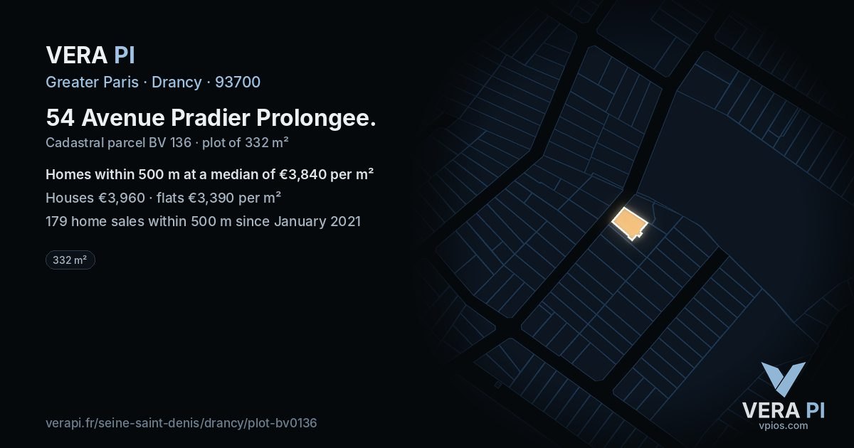 54 Avenue Pradier Prolongee, Drancy at night – the plot lit, the parcels around coloured by the prices near them