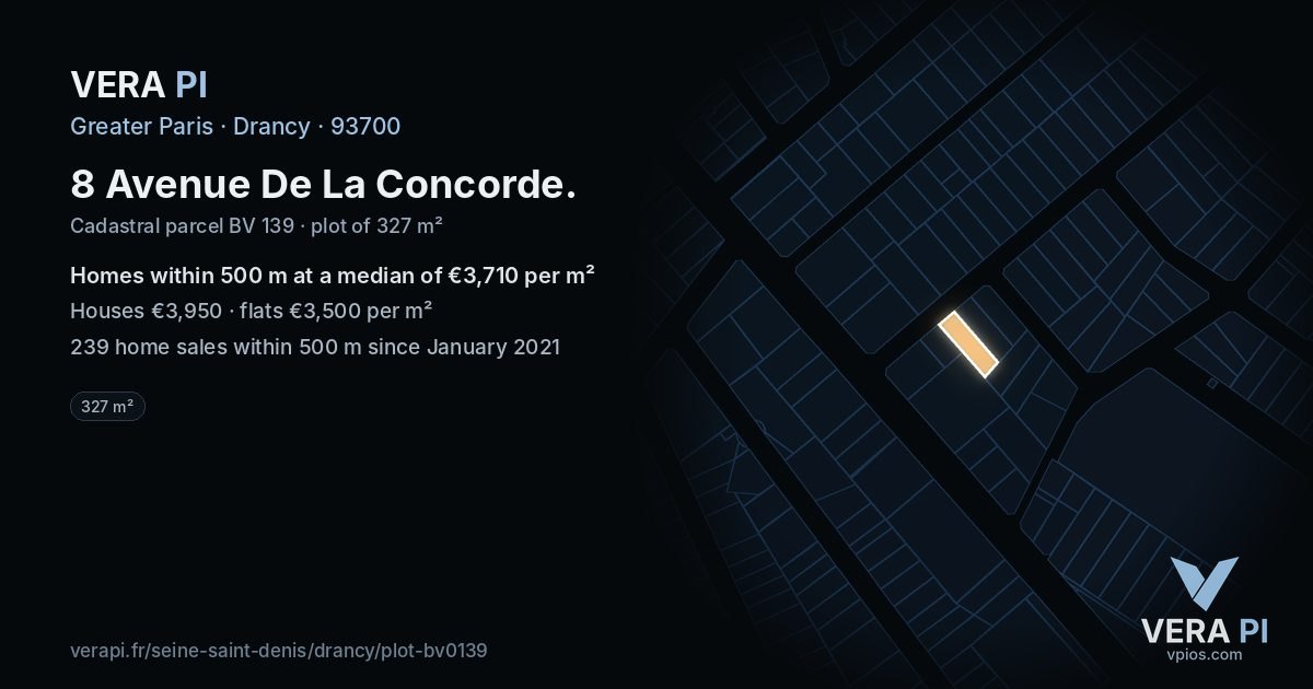 8 Avenue De La Concorde, Drancy at night – the plot lit, the parcels around coloured by the prices near them