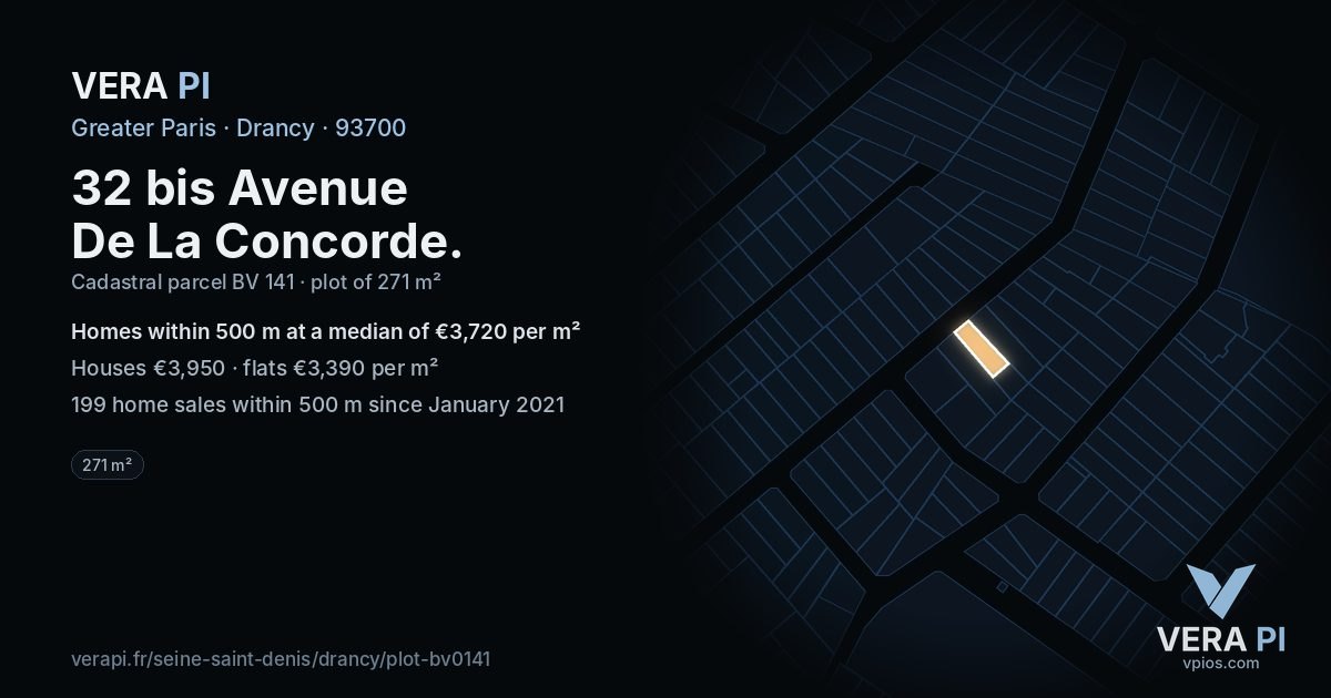 32 bis Avenue De La Concorde, Drancy at night – the plot lit, the parcels around coloured by the prices near them