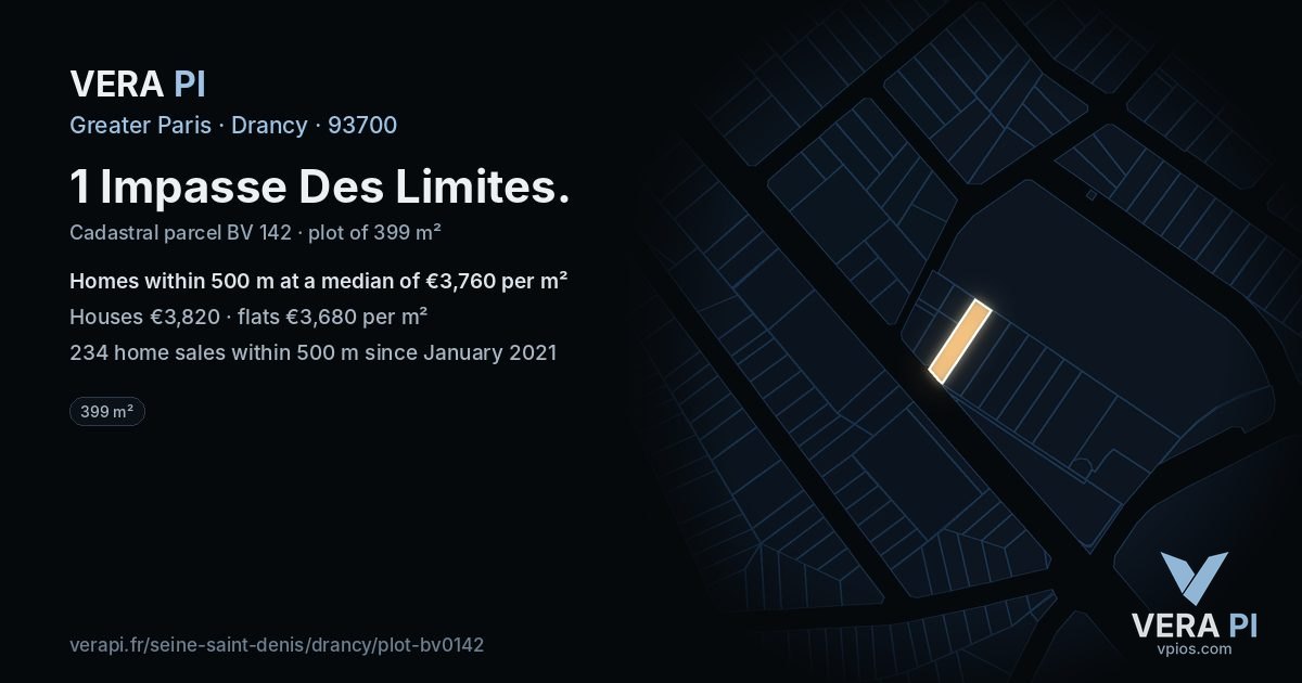 1 Impasse Des Limites, Drancy at night – the plot lit, the parcels around coloured by the prices near them