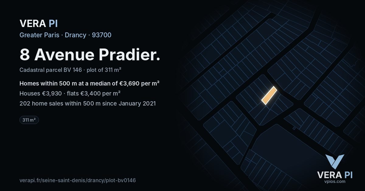 8 Avenue Pradier, Drancy at night – the plot lit, the parcels around coloured by the prices near them