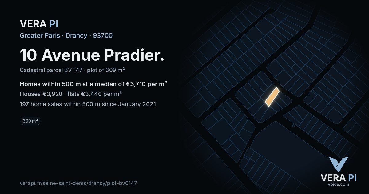 10 Avenue Pradier, Drancy at night – the plot lit, the parcels around coloured by the prices near them