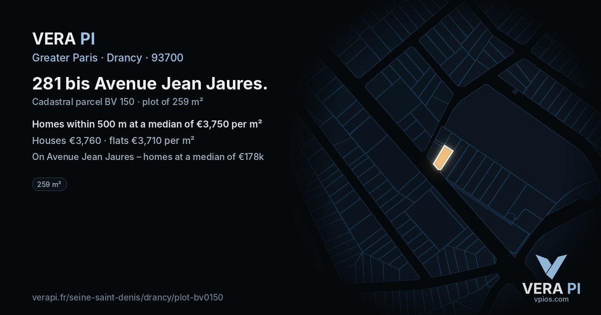 281 bis Avenue Jean Jaures, Drancy at night – the plot lit, the parcels around coloured by the prices near them