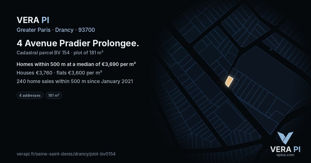 4 Avenue Pradier Prolongee, Drancy at night – the plot lit, the parcels around coloured by the prices near them