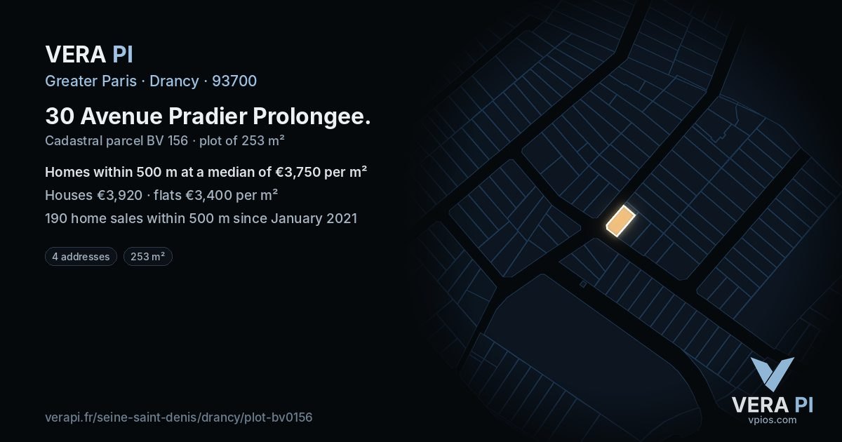 30 Avenue Pradier Prolongee, Drancy at night – the plot lit, the parcels around coloured by the prices near them