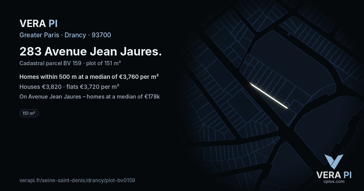 283 Avenue Jean Jaures, Drancy at night – the plot lit, the parcels around coloured by the prices near them