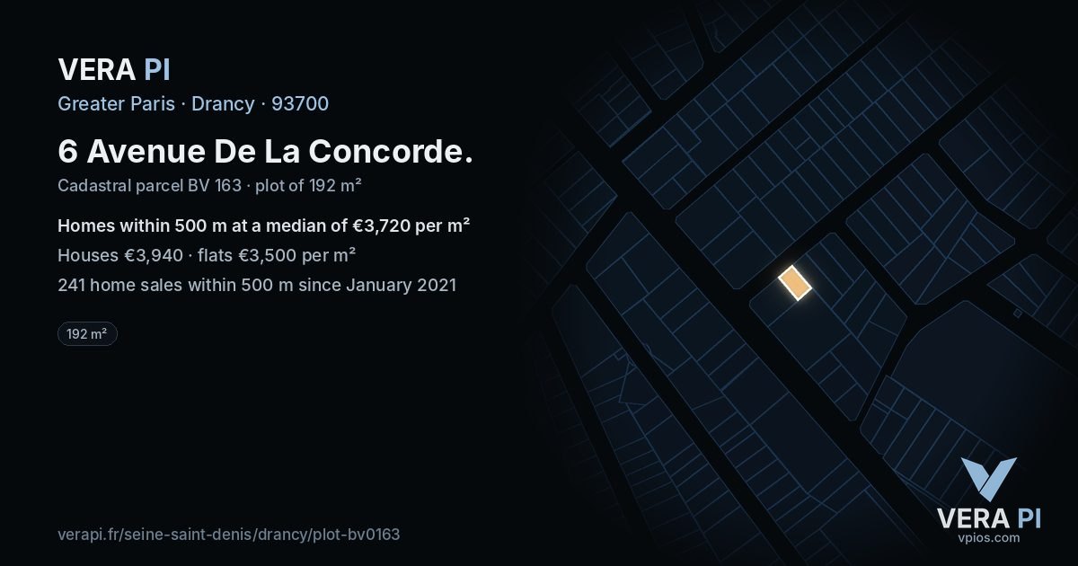 6 Avenue De La Concorde, Drancy at night – the plot lit, the parcels around coloured by the prices near them