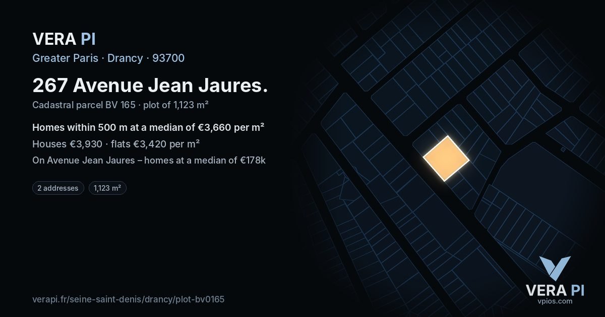 267 Avenue Jean Jaures, Drancy at night – the plot lit, the parcels around coloured by the prices near them