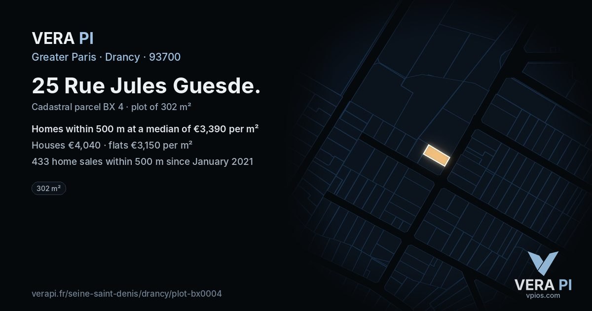 25 Rue Jules Guesde, Drancy at night – the plot lit, the parcels around coloured by the prices near them