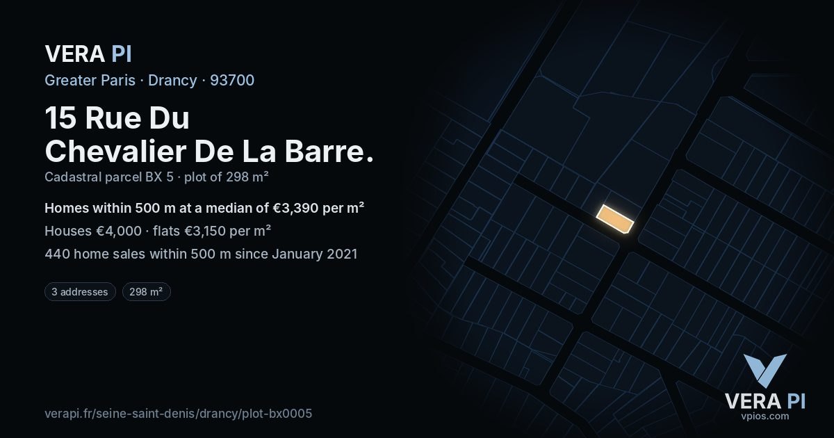 15 Rue Du Chevalier De La Barre, Drancy at night – the plot lit, the parcels around coloured by the prices near them