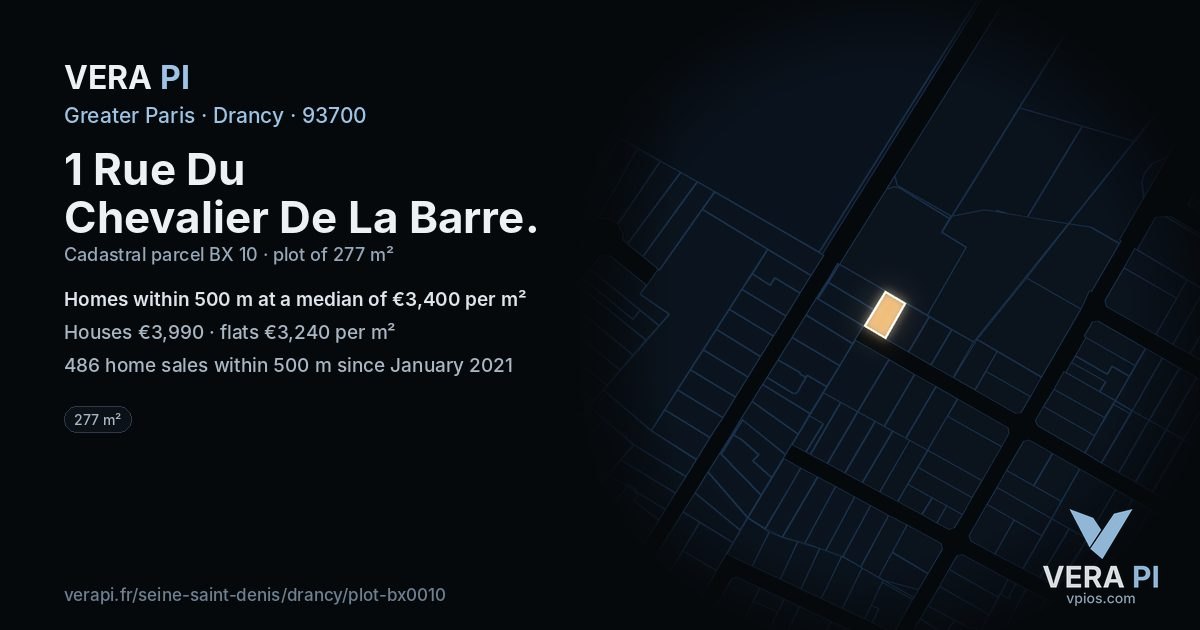 1 Rue Du Chevalier De La Barre, Drancy at night – the plot lit, the parcels around coloured by the prices near them