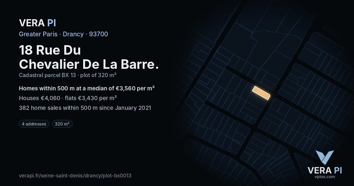 18 Rue Du Chevalier De La Barre, Drancy at night – the plot lit, the parcels around coloured by the prices near them